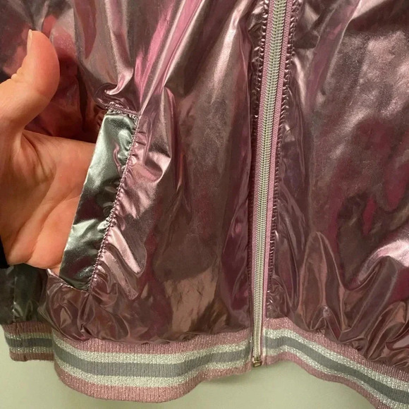 Cat & jack silver and pink shiny lightweight zip up jacket medium 7/8  ribbed - Picture 4 of 11